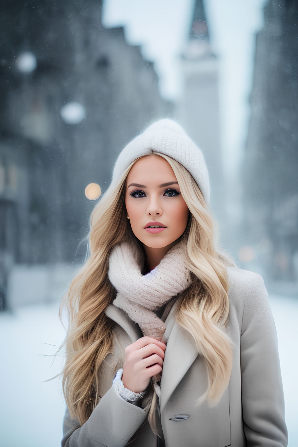 Prompt: professional portrait photograph of a gorgeous Norwegian girl in winter clothing with long wavy blonde hair, ((sultry flirty look)), freckles, beautiful symmetrical face, cute natural makeup, wearing elegant winter fashion clothing, ((standing outside in snowy city street)), stunning modern urban upscale environment, ultra realistic, concept art, elegant, highly detailed, intricate, sharp focus, depth of field, f/1.8, 85mm, medium shot, mid shot, (centered image composition), (professionally color graded), ((bright soft diffused light)), volumetric fog, trending on instagram, trending on tumblr, hdr 4k, 8k, -- NEGATIVE PROMPT: (((wide shot))), (cropped head), bad framing, out of frame, deformed, cripple, old, fat, ugly, poor, missing arm, additional arms, additional legs, additional head, additional face, multiple people, group of people, dyed hair, black and white, grayscale