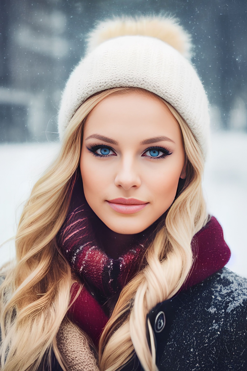 Prompt: professional portrait photograph of a gorgeous Norwegian girl in winter clothing with long wavy blonde hair, ((sultry flirty look)), freckles, beautiful symmetrical face, cute natural makeup, wearing elegant winter fashion clothing, ((standing outside in snowy city street)), stunning modern urban upscale environment, ultra realistic, concept art, elegant, highly detailed, intricate, sharp focus, depth of field, f/1.8, 85mm, medium shot, mid shot, (centered image composition), (professionally color graded), ((bright soft diffused light)), volumetric fog, trending on instagram, trending on tumblr, hdr 4k, 8k, -- NEGATIVE PROMPT: (((wide shot))), (cropped head), bad framing, out of frame, deformed, cripple, old, fat, ugly, poor, missing arm, additional arms, additional legs, additional head, additional face, multiple people, group of people, dyed hair, black and white, grayscale