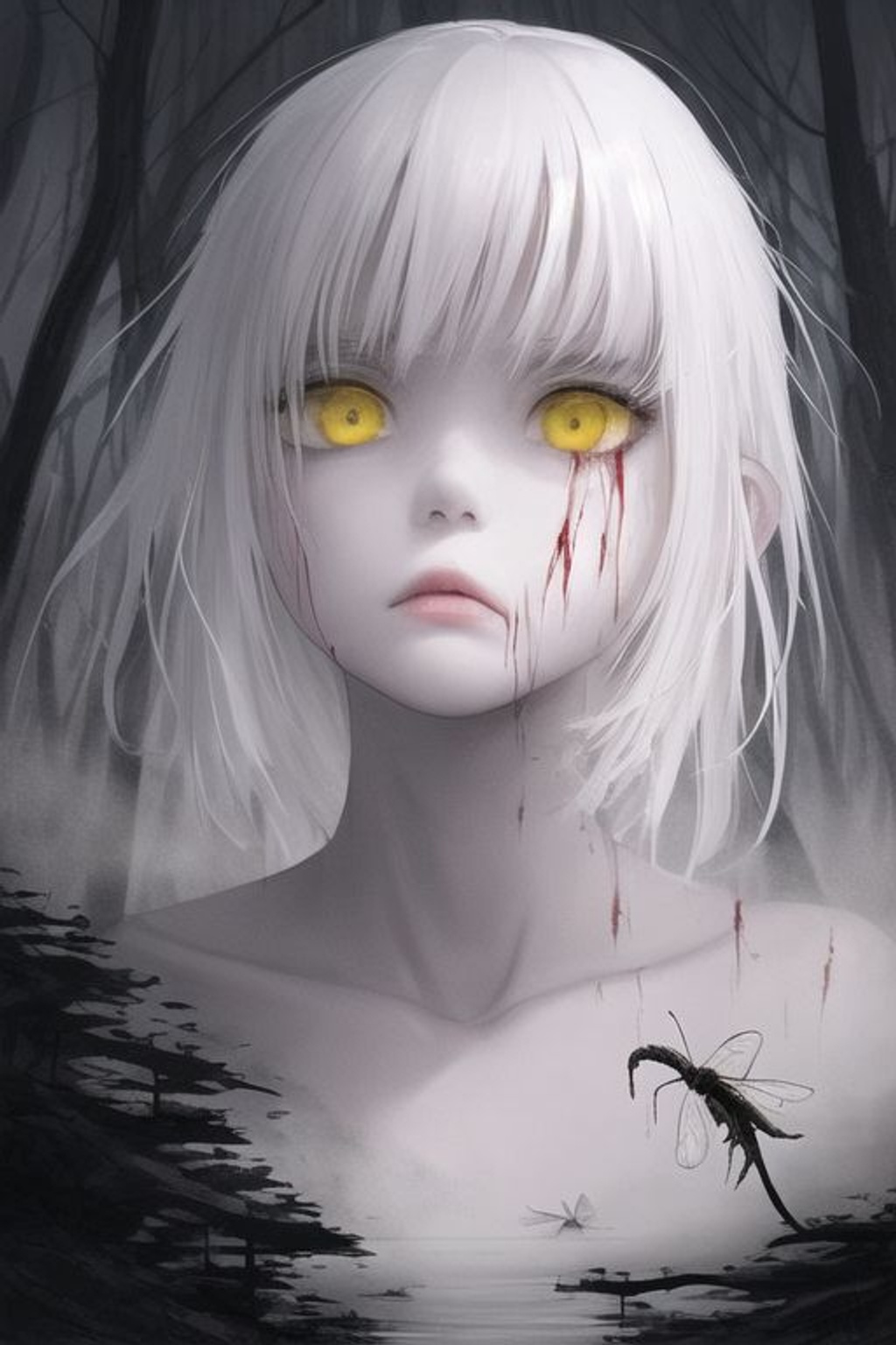 Prompt: SamDoesArt, kentaro_miura, 1girl, white_hair, yellow_eyes, detailed_face, mist, fog, dead_animals, bugs, insects, slight_rain, dark_atmosphere, castle, dark_tower, monsters, river, forest, blood, blood_flowing, dirty_area, torn_clothing, torn_robes, looking_at_viewer, slightly_parted_lips, corpses,
