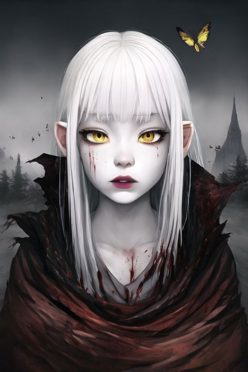 Prompt: SamDoesArt, kentaro_miura, 1girl, white_hair, yellow_eyes, detailed_face, mist, fog, dead_animals, bugs, insects, slight_rain, dark_atmosphere, castle, dark_tower, monsters, river, forest, blood, blood_flowing, dirty_area, torn_clothing, torn_robes, looking_at_viewer, slightly_parted_lips, corpses,