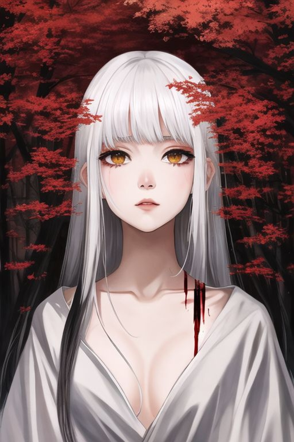 Prompt: SamDoesArt, kentaro_miura, 1girl, white_hair, yellow_eyes, detailed_face, mist, fog, dead_animals, bugs, insects, slight_rain, dark_atmosphere, castle, dark_tower, monsters, river, forest, blood, blood_flowing, dirty_area, torn_clothing, torn_robes, looking_at_viewer, slightly_parted_lips, corpses,