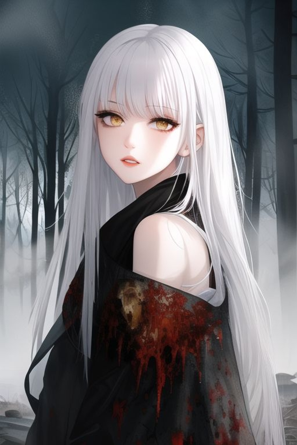 Prompt: SamDoesArt, 1girl, white_hair, yellow_eyes, detailed_face, mist, fog, dead_animals, bugs, insects, slight_rain, dark_atmosphere, castle, dark_tower, monsters, river, forest, blood, blood_flowing, dirty_area, torn_clothing, torn_robes, looking_at_viewer, slightly_parted_lips, corpses,