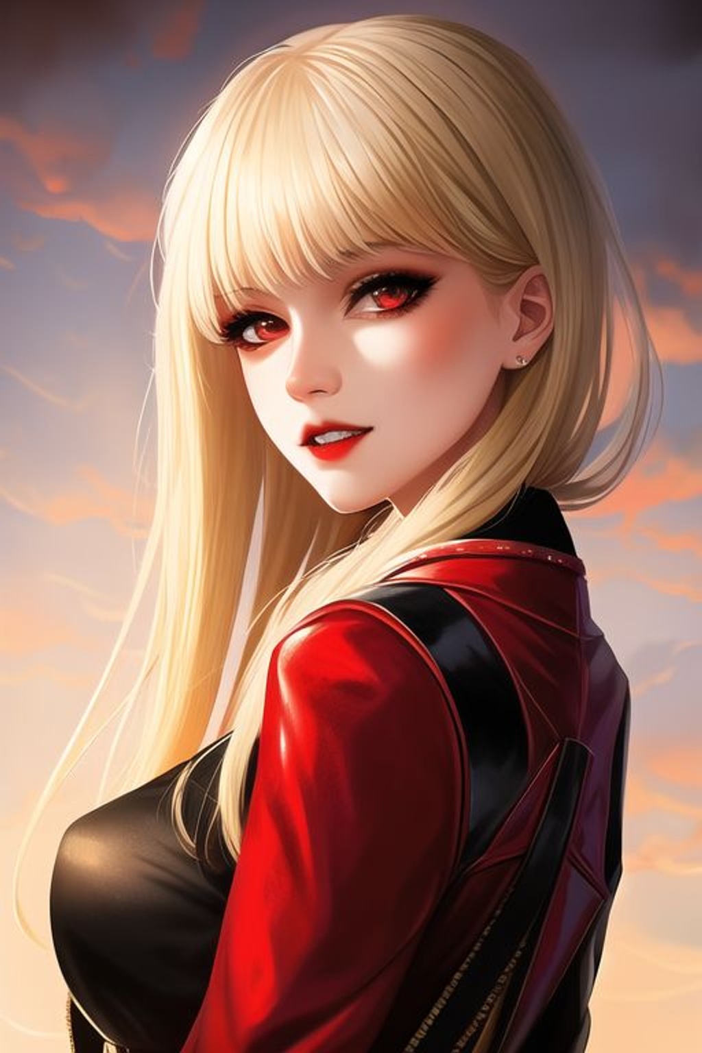 Prompt: SamDoesArt, a girl, blonde hair, red eyes, vampire, fangs, designer clothes, urban area, HDRI, masterpiece, smooth, sharp focus, illustration, golden ratio, 