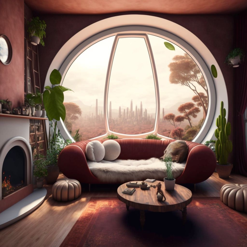 Prompt: This cozy living room on a space ship features a large, oval-shaped window that offers a stunning view of the earth below. The furniture is warm and inviting, with a plush sofa and armchair upholstered in a rich, burgundy fabric. A wooden coffee table sits at the center of the room, and a few potted plants add a touch of greenery. A cozy fireplace, complete with a faux stone mantel and a flickering LED flame, adds a touch of warmth and comfort. A few framed photos of the earth and the stars hang on the walls, adding a personal touch