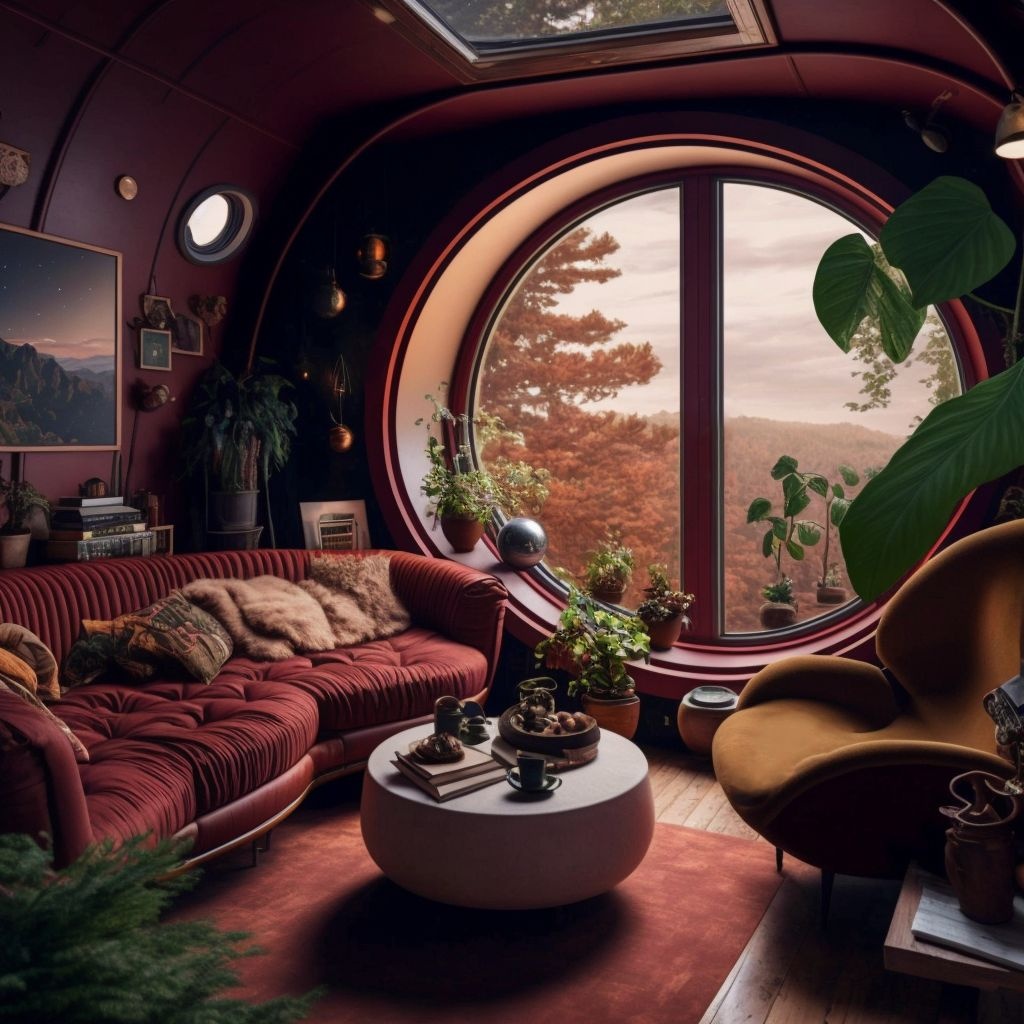 Prompt: This cozy living room on a space ship features a large, oval-shaped window that offers a stunning view of the earth below. The furniture is warm and inviting, with a plush sofa and armchair upholstered in a rich, burgundy fabric. A wooden coffee table sits at the center of the room, and a few potted plants add a touch of greenery. A cozy fireplace, complete with a faux stone mantel and a flickering LED flame, adds a touch of warmth and comfort. A few framed photos of the earth and the stars hang on the walls, adding a personal touch