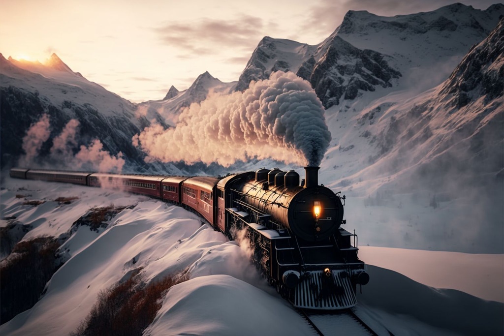 Prompt: drone shot of snowy Swiss Alps with a steam locomotive train winding through the scenic landscape, the polar express, stunning environment, dusk, mist, ultra realistic, dramatic lighting, highly detailed, intricate, volumetric lighting, dreamy magical atmosphere, vivid colours, photography, high resolution, 4k, 8k, digital art, ultra wide angle lens, aerial view, panoramic, wallpaper --ar 3:2 --v 4