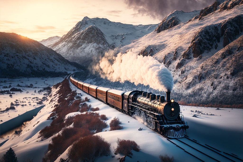 Prompt: drone shot of snowy mountains with a steam locomotive train winding along the steep mountain slope, the polar express, stunning environment, dusk, mist, ultra realistic, dramatic lighting, highly detailed, intricate, volumetric lighting, dreamy magical atmosphere, vivid colours, photography, high resolution, 4k, 8k, digital art, ultra wide angle lens, aerial view, panoramic, wallpaper --ar 3:2 --v 4