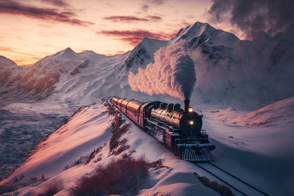 Prompt: drone shot of snowy mountains with a steam locomotive train winding along the steep mountain slope, the polar express, stunning environment, dusk, mist, ultra realistic, dramatic lighting, highly detailed, intricate, volumetric lighting, dreamy magical atmosphere, vivid colours, photography, high resolution, 4k, 8k, digital art, ultra wide angle lens, aerial view, panoramic, wallpaper --ar 3:2 --v 4