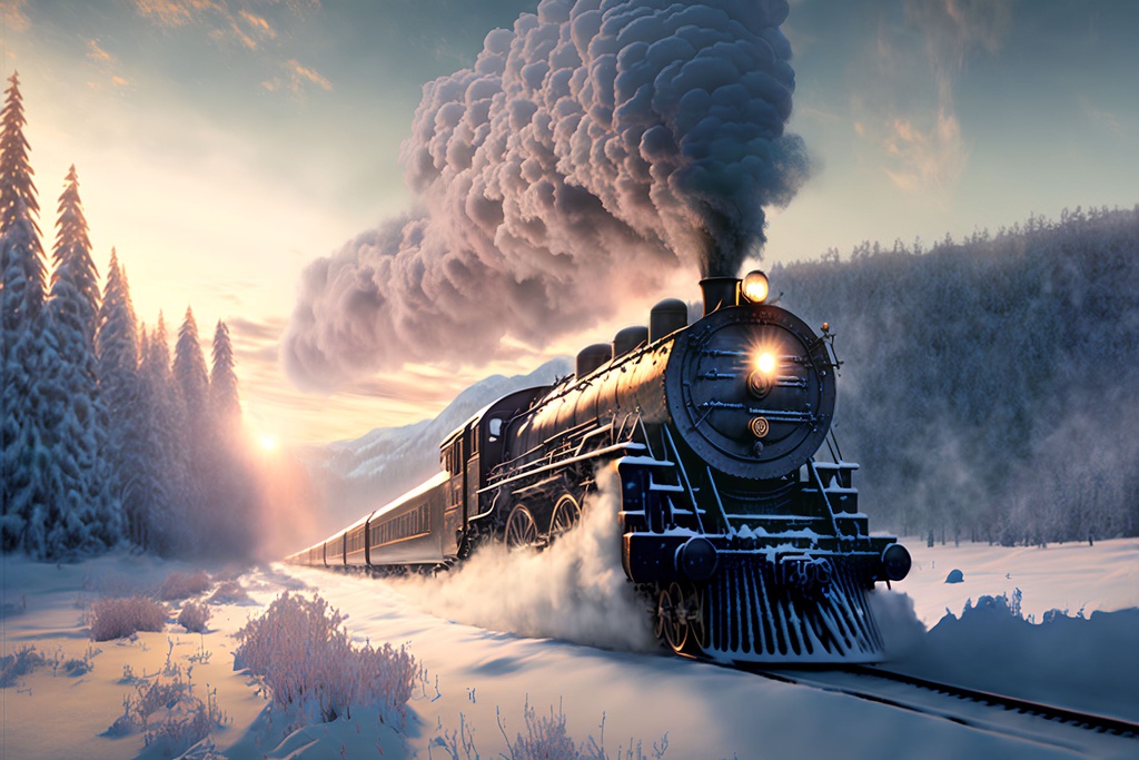 Prompt: steam train driving through the snow, the polar express, scenic landscape, stunning environment, dusk, ultra detailed, octane render, ultra detail, intricate detail, volumetric lighting, vivid colours, photorealistic, photography, lifelike, high resolution, digital art, ultra wide angle lens, aerial view, elevated view, wallpaper --ar 3:2 --v 4