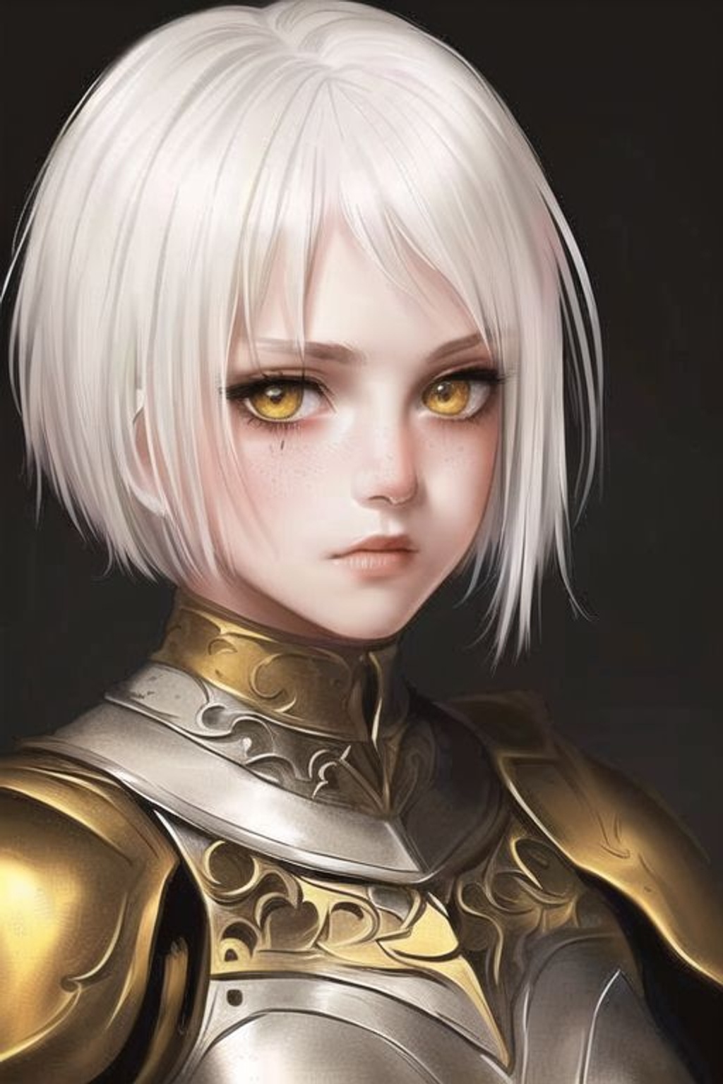 Prompt: SamDoesArt, a girl, white hair, yellow eyes, short hair, dark medieval armor, medieval setting, scars on face, dirty skin, mud on face, dirt, sad expression, HDRI, masterpiece, smooth, sharp focus, illustration, golden ratio, 