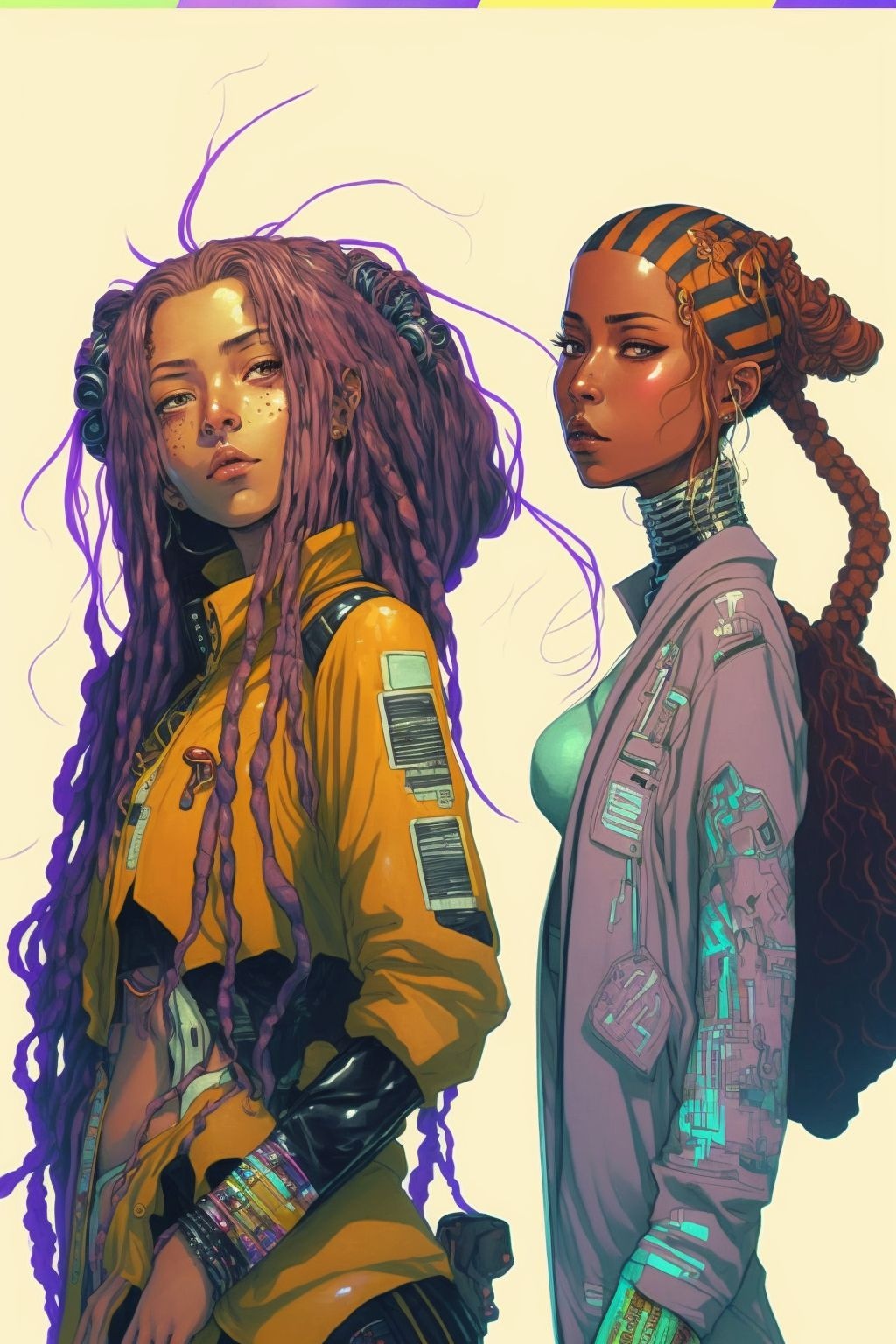 Prompt: a couple of women standing next to each other, cyberpunk art, by Yoshihiko Wada, afrofuturism, closeup character portrait, anime girl with long hair, in style of laurie greasley, perfect android girl family, high detailed colors, y 2 k, aloy, serene expression