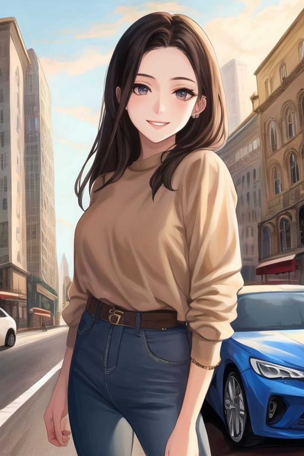 Prompt: SamDoesArt, a girl, smile, taking selfie, detailed face, city, cars, people in background, HDRI, masterpiece, smooth, sharp focus, illustration, golden ratio, 