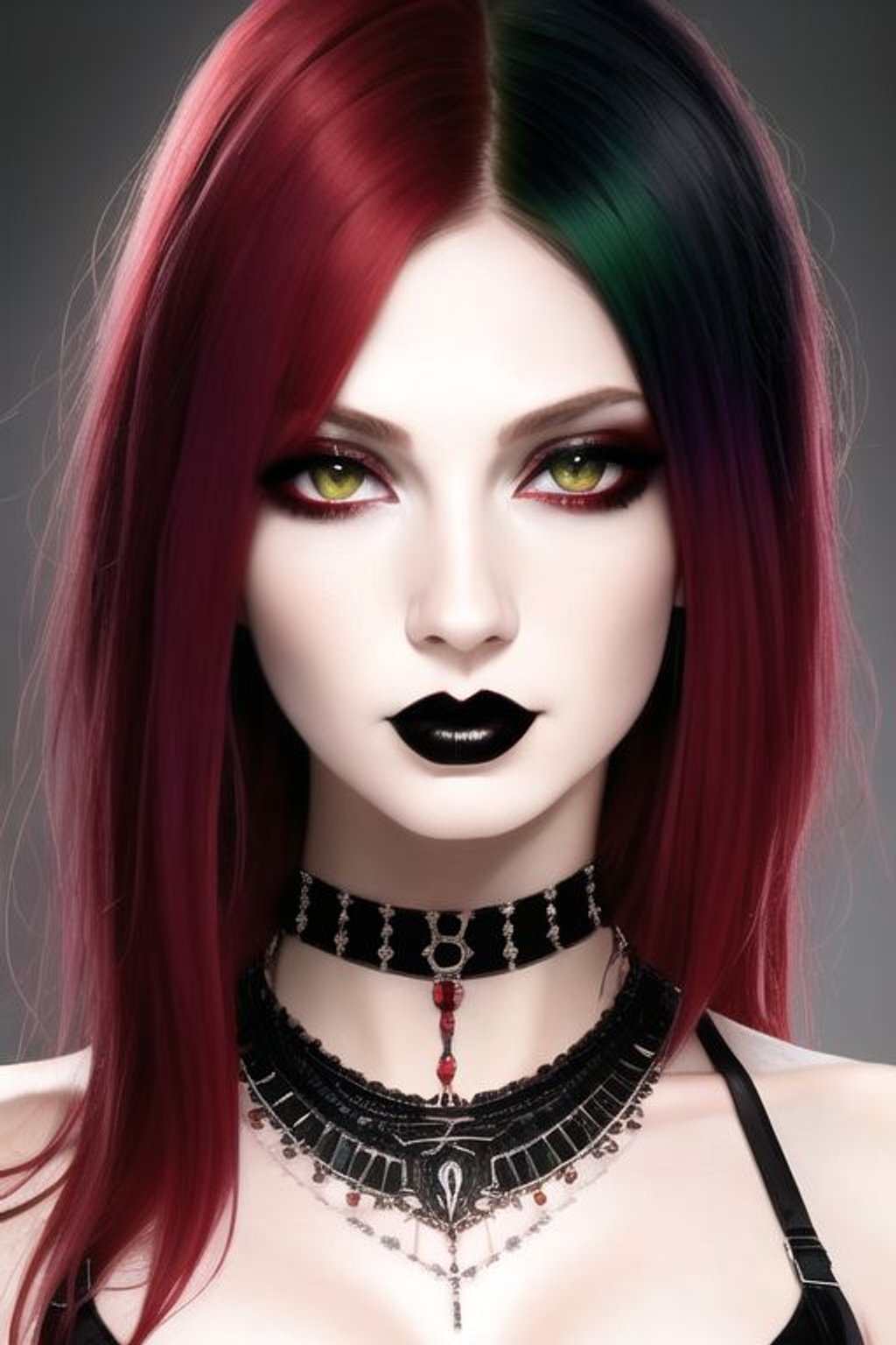 a woman, pale skin, red eyes, green hair, tattoos, l... | OpenArt