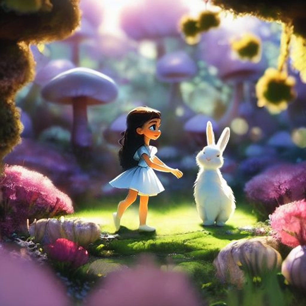 Prompt: Alice In Wonderland, ((young girl playing with a white rabbit)), (floating hair), long hair, mushroom forest environment, forest with flowers and clovers, sunlight, magical dreamy atmosphere, fantasy, intricate, highly detailed, sharp focus, wallpaper, masterpiece, close-up view, trending on artstation, hdr 4k, 8k, ((samdoesarts)), -- NEGATIVE PROMPT: ((((bunny ears costume)))), ((((girl wearing bunny ears costume)))), ((((girl with bunny ears)))), ((((blurry)))), ((wide view shot)), ((ultra wide view shot)), ((high contrast)), ((cartoon)), ((disfigured)), ((bad art)), ((poorly drawn)), bad framing, out of frame, deformed, cripple, ((ugly)), (((blurry eyes))), (((bad anatomy))), ((disabled body)), ((deformed body)), ((missing finger)), ((mutant hands)), ((additional fingers)), badly drawn hands, lack of detail, low resolution, deformed hands, text, error, cropped, low-quality image, signature, watermark