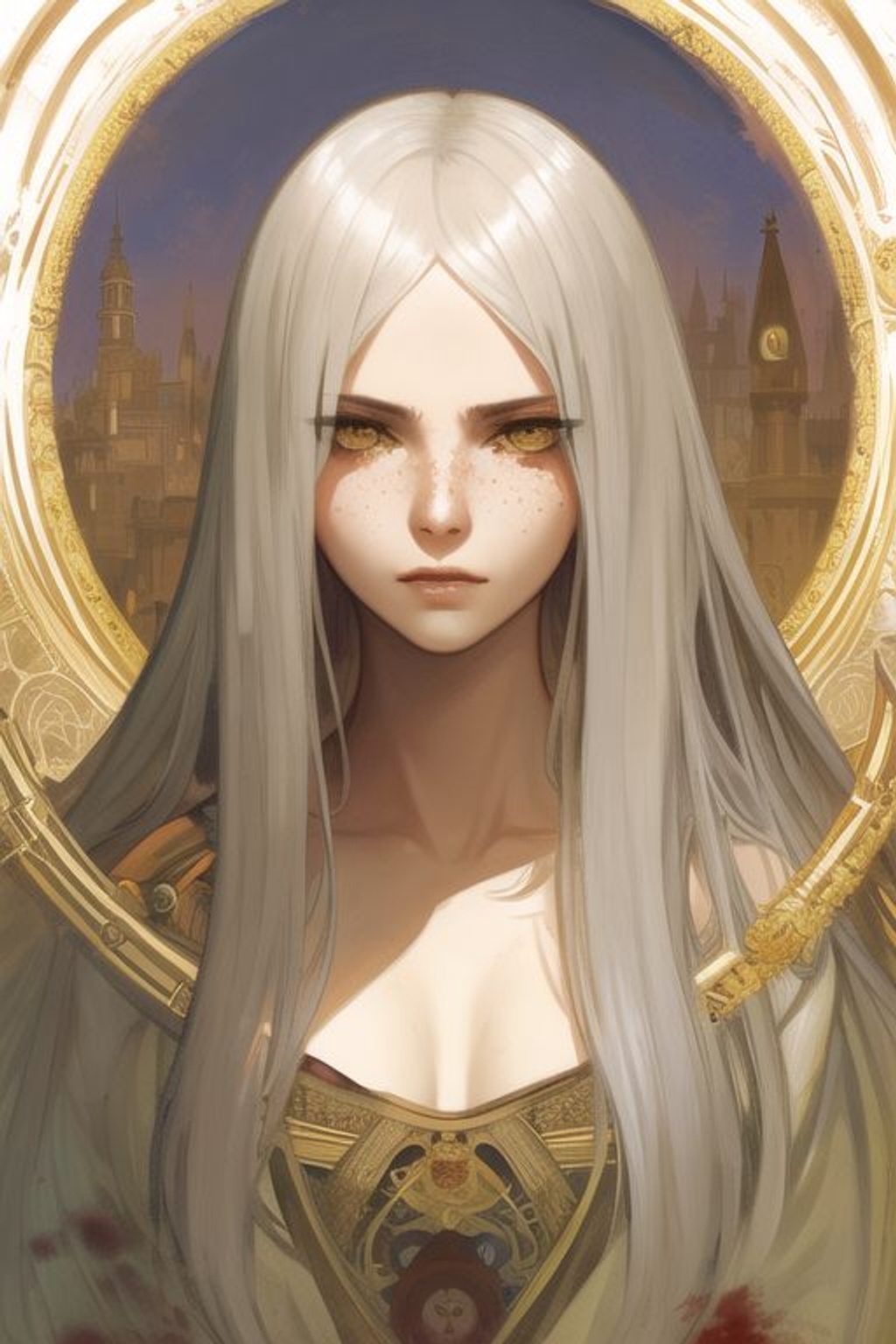 Prompt: SamDoesArt, a girl, white hair, yellow eyes, strong jawline, pale skin, freckles, blood, slender body, detailed face, dark atmosphere, castle, insects, bugs, blood flowing, pool of blood, corpses, monsters, slugs, worms, disgusting environment, ruined buildings, gray sky, attractive, HDRI, masterpiece, smooth, sharp focus, illustration, golden ratio, art by greg rutkowski and alphonse mucha