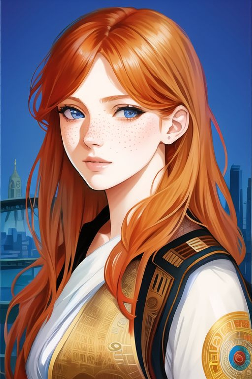 Prompt: SamDoesArt, a girl, ginger hair, bright blue eyes, angular face, freckles, detailed face, urban environment, city, modern setting, attractive, HDRI, masterpiece, smooth, sharp focus, illustration, golden ratio, art by alphonse mucha and kentaro miura