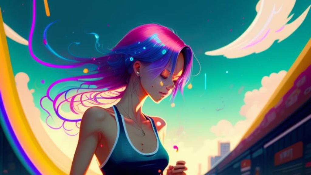 Prompt: splatter liquid colors young woman with shoulder length shiny shimmering hair wearing a tanktop and cargo pants with rainbow colored hair, outlined by whirling illuminated neon lines and fine lines swirling in circles by jesper ejsing by rhads, makoto shinkai and lois van baarle, ilya kuvshinov, ossdraws, outrun, vaporware, digital art, trending on artstation, highly detailed, fine detail, natural lighting, low contrast, absurd surrealism, complex details, many details, perfect shading, wide angle,