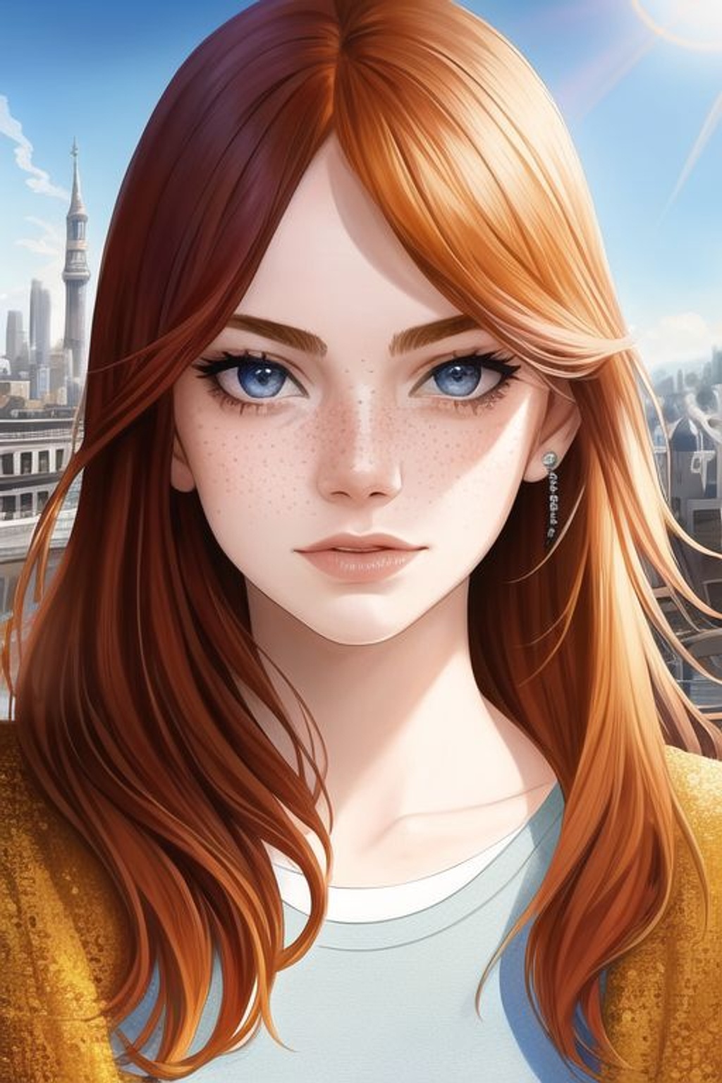 Prompt: SamDoesArt, emma stone, ginger hair, freckles, blue eyes, ((strong jawline)), (diamond shaped face), detailed face, taking a selfie, day, cars, city, god rays, HDRI, masterpiece, smooth, sharp focus, illustration, golden ratio,