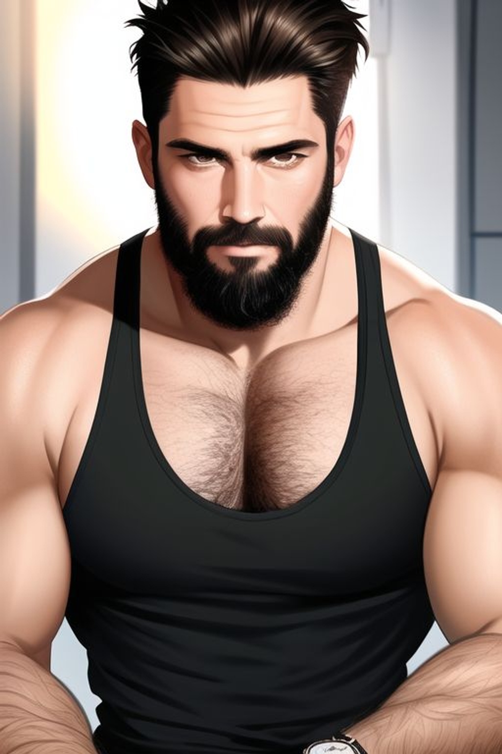 Prompt: SamDoesArt, a guy, man, manly, muscular, black hair, wrinkles, beard, brown eyes, messy hair, ((strong jawline)), (square shaped face), detailed face, tank top, silver watch, garage, cinematic lighting, HDRI, masterpiece, smooth, sharp focus, illustration, golden ratio,