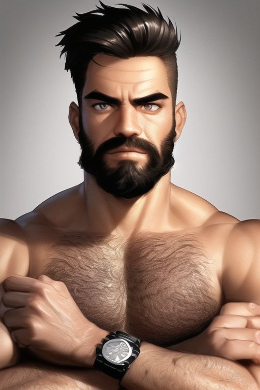 Prompt: SamDoesArt, a guy, man, manly, muscular, black hair, wrinkles, beard, brown eyes, messy hair, ((strong jawline)), (square shaped face), detailed face, tank top, silver watch, garage, cinematic lighting, HDRI, masterpiece, smooth, sharp focus, illustration, golden ratio,