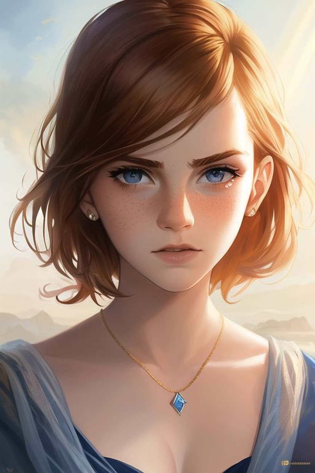 Prompt: SamDoesArt, emma watson, ginger hair, blue eyes, freckles, ((strong jawline)), (diamond shaped face), detailed face, god rays,HDRI, masterpiece, smooth, sharp focus, illustration, golden ratio, art by greg rutkowski and wlop