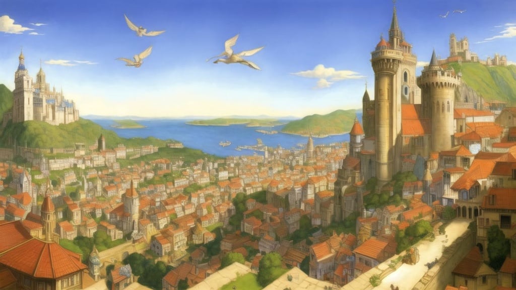 Prompt: SamDoesArt, medieval city, crowded, bustling city, medieval setting, animals, birds, god rays, dirt, castle, guards, golden ratio, art by Alan Lee and Albrecht Durer and alphonse mucha and Gustave Moreau
