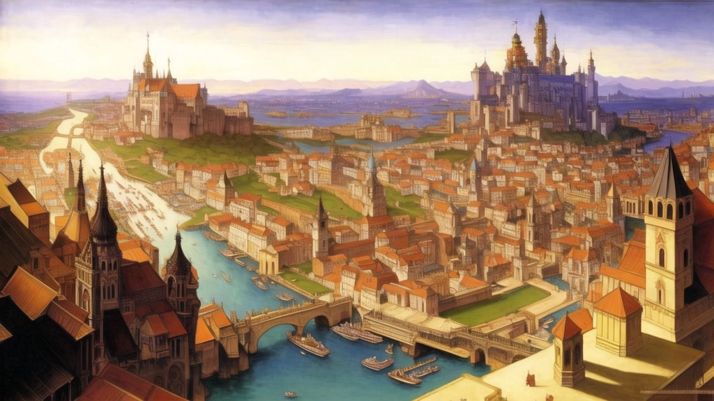 Prompt: SamDoesArt, medieval city, crowded, bustling city, medieval setting, animals, birds, god rays, dirt, castle, guards, birds eye view, golden ratio, art by Alan Lee and Albrecht Durer and alphonse mucha and Gustave Moreau