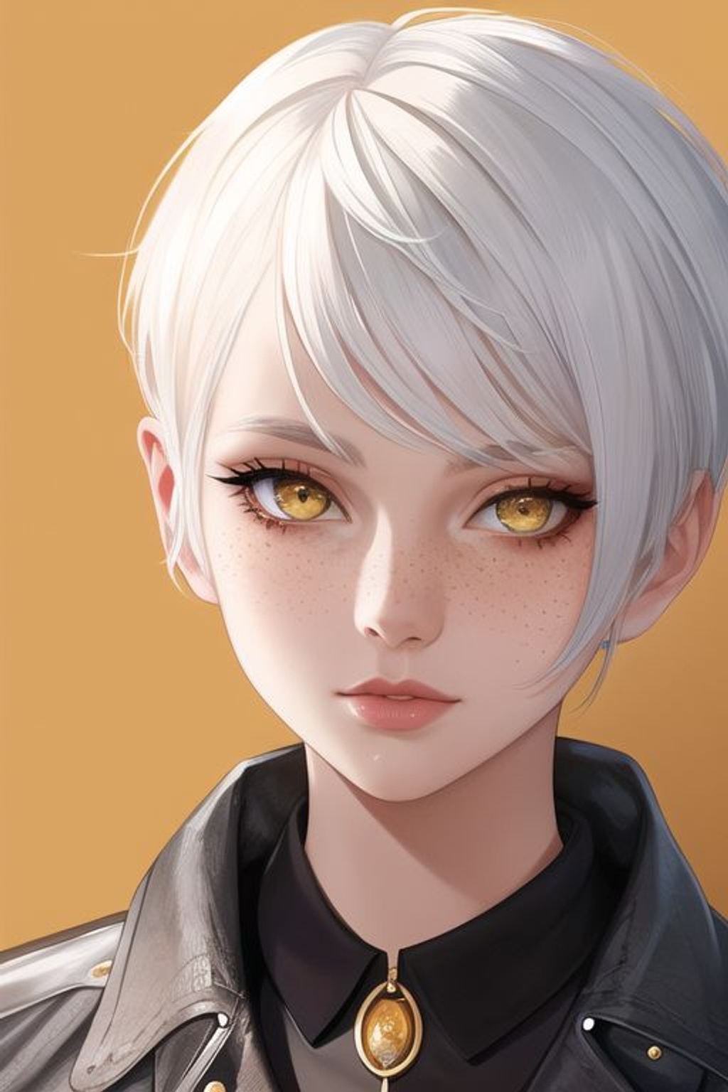 Prompt: SamDoesArt, a girl, white hair, short hair, yellow eyes, freckles, HDRI, masterpiece, smooth, sharp focus, illustration, golden ratio, 