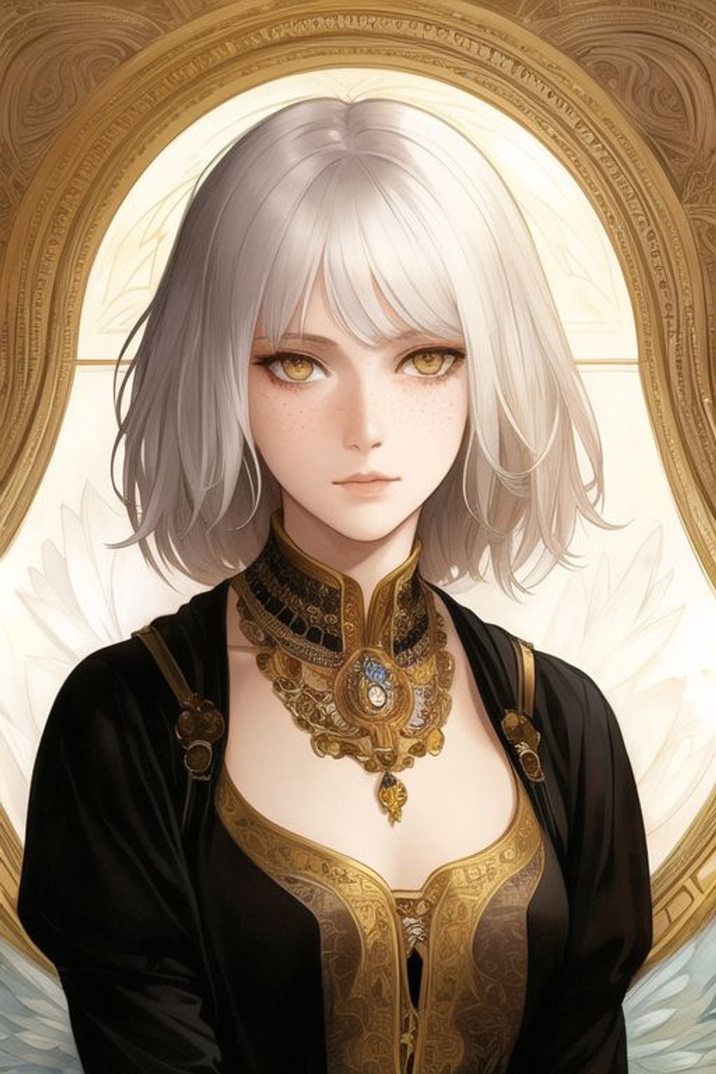 Prompt: SamDoesArt, a girl, white hair, short hair, yellow eyes, freckles, eyebags, tired, parted lips, detailed face, waist-up shot, golden ratio, art by Alan Lee and Albrecht Durer and alphonse mucha and Gustave Moreau