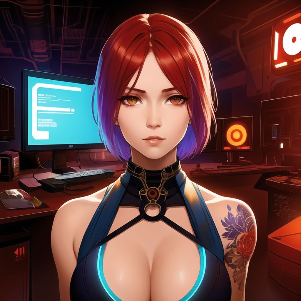 Prompt: SamDoesArt, a woman, red hair, short hair, shaved sides, tattoos, tattooed arms, strong jawline, square shaped face, cybernetics implanted in her body, tank top, cyberpunk setting, volumetric lights, purple and teal and red colored lights, cables, dirty surrounding, computers, terminals, HDRI, masterpiece, smooth, sharp focus, illustration, golden ratio, art by alphonse mucha and greg rutkowski