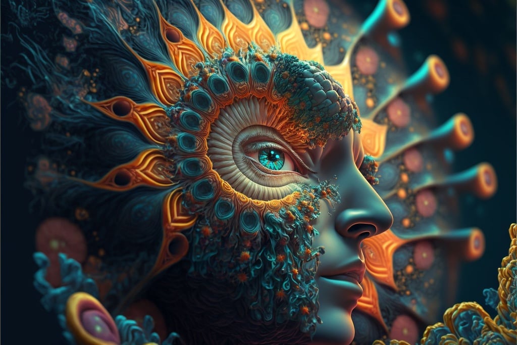Prompt: Humanity reaching the next level, hippie art, fractal art, intricate details, hyper realistic, octane render, very colorful, vibrant, cinematic, amazing details, centered, perfect composition