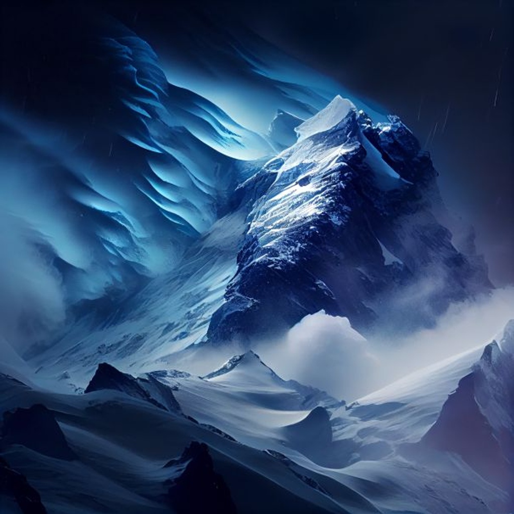 Prompt: coldest moutain ever, strong winds, blizzard snow, mount everest, windchill, blue scale