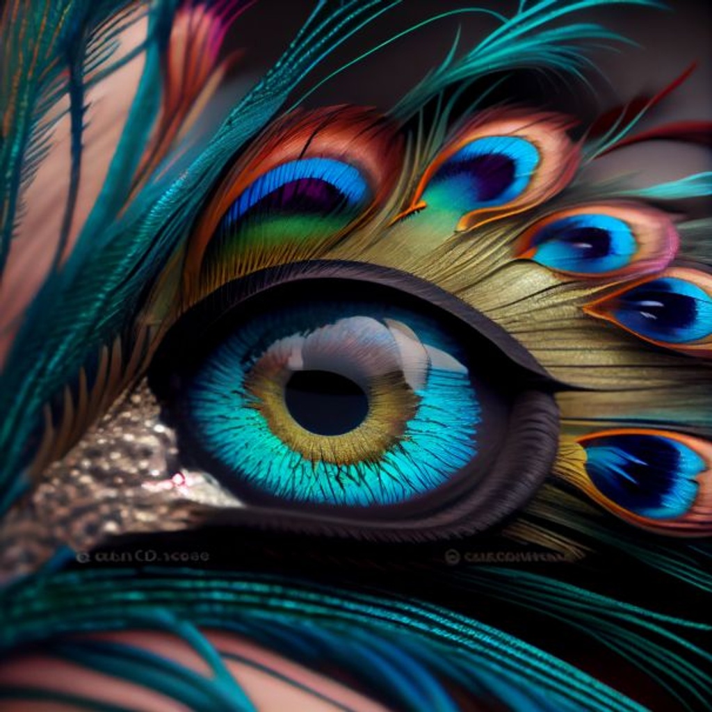 Prompt: close up of highly realistic scientifically accurate eye, eyelashes made of peacok feathers, beautiful, intense, stunning, complex makeup