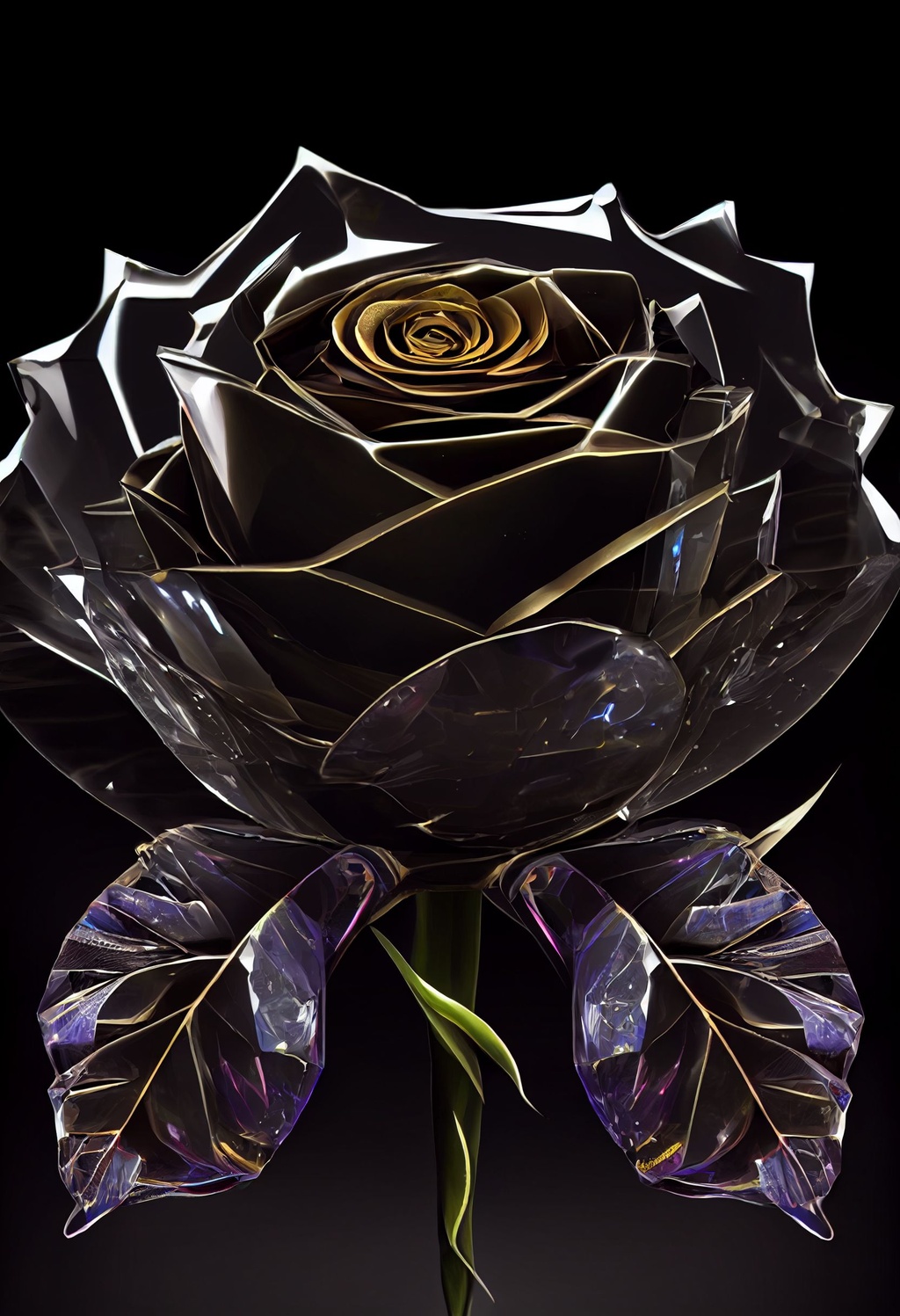 Prompt: Black rose made of brilliantly glittering chrystals, sparkling dew drops, golden stem, dark background, ultra-detailed, high resolution, rendering