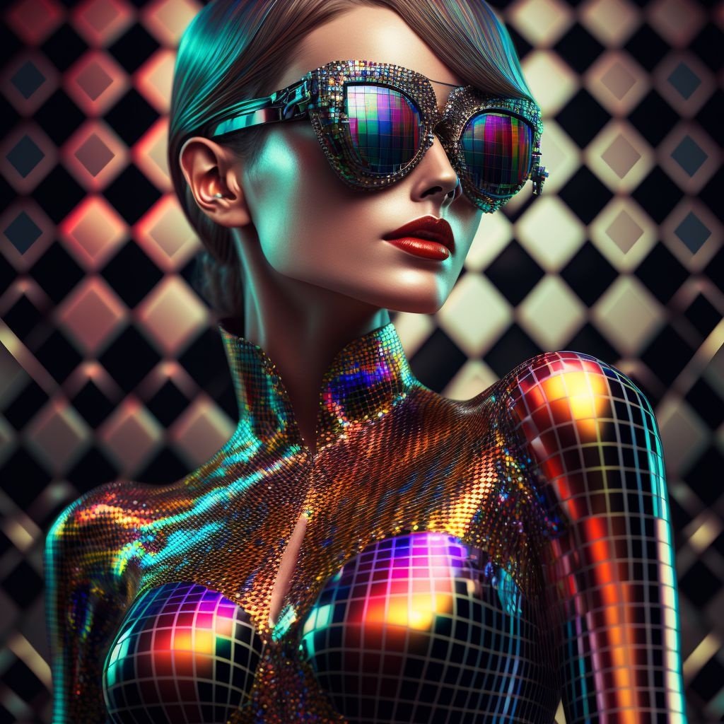 Prompt: a close up of a person wearing a dress and sunglasses, a hologram, behance, leather body suit, fashion model features, pixel sort, triadic colours, checkered pattern, hourglass slim figure, beautiful female android, hasselblad photography, astral dress, mesh shirt, metallic neoprene woman 