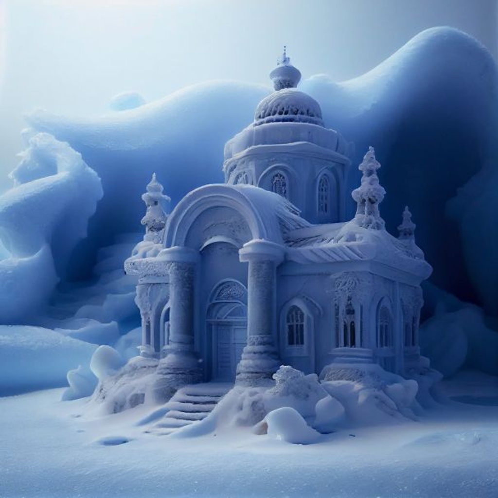 Prompt: buildings made of soild ice, russian temple made of soild ice, snow, blizzard, high winds, blue glow, condensation, frost, cold steam, snow, blizzard