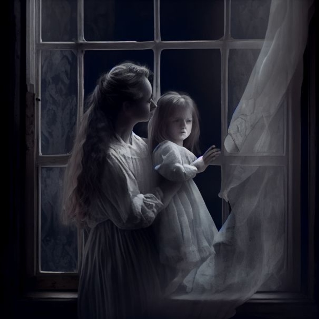 Prompt: Mother holding daughter, dark room, ghost outside window