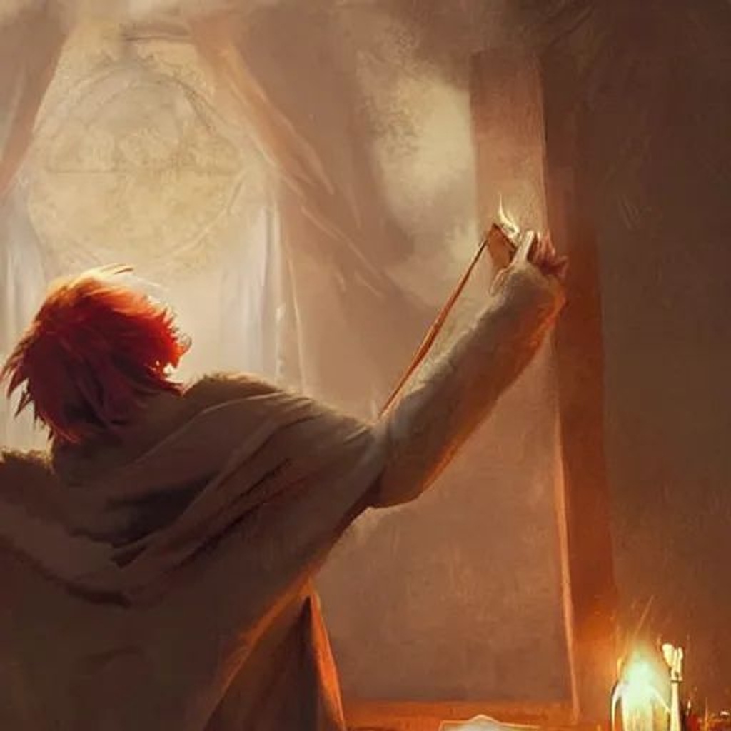 Prompt: A young red haired wizard, accidentally casting his first spell while practicing in bed, magic crackling in the air, fantasy art by Greg Rutkowski