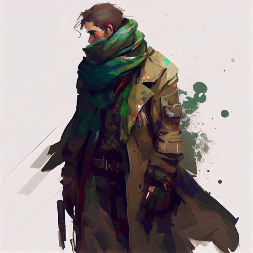 Prompt: green scarf, long tattered coat, tall lean mature man, sniper rifle on his back, green military hat, scowl, green pants, ripped sleave, holes in clothing, blue eyes, dirty brown messy hair, green shirt and pants, open brown duster, brown work boots, covered in dirt + dust + blood, blowing behind in wind