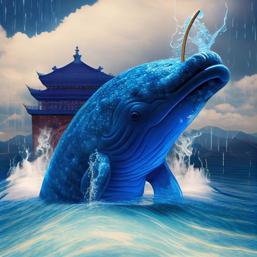 Prompt: realistic blue narwhal made entirely of water breaching from the waves of the ocean, foam, splash, spray, thunderstorm, wet, water droplets, scary, beautiful, breathtaking, asian temples background
