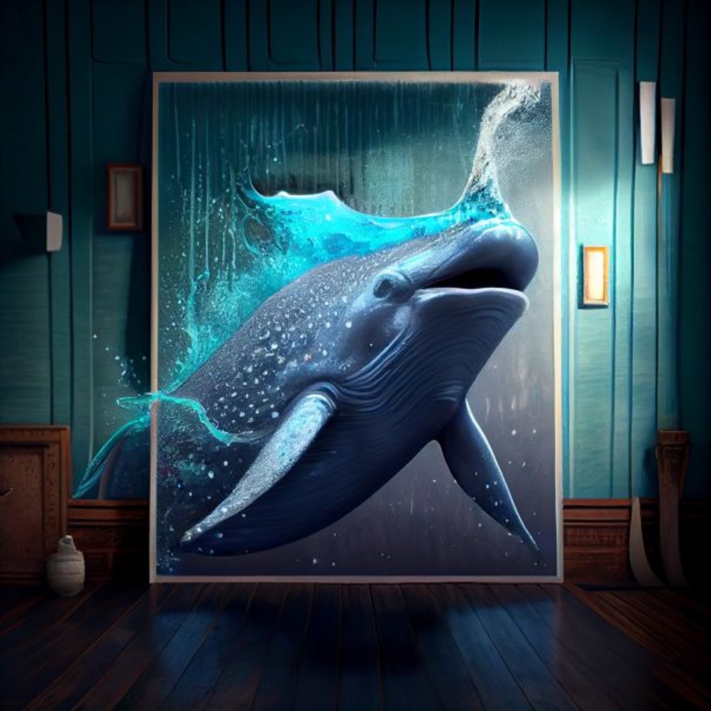 Prompt: realistic blue narwhal made entirely of water breaching from the waves of the ocean, foam, splash, spray, thunderstorm, wet, water droplets, scary, beautiful, breathtaking, asian temples background 