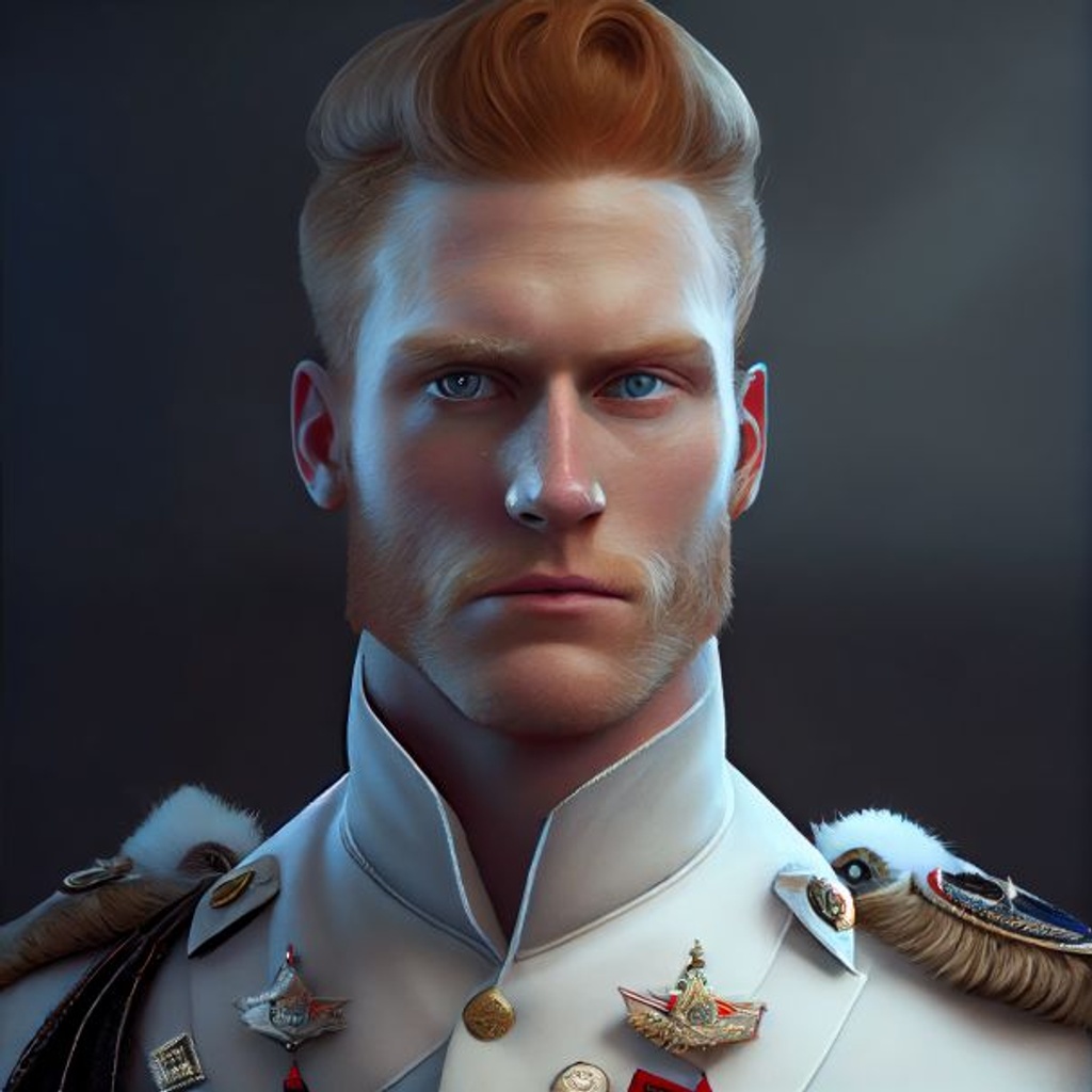 Prompt: a russian soilder in a white uniform with black fur trim and red medals, handsome ginger man, blue eyes, --q 2 --upbeta - Upscaled (Beta) by @paladinizzy (fast) Image Midjourney Bot BOT  — Today at 5:59 PM a russian soilder in a white uniform with black fur trim and red medals, handsome ginger man, blue eyes,