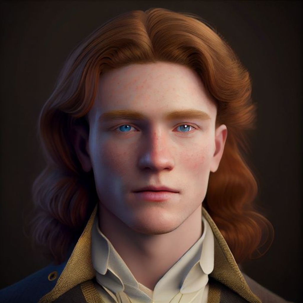 Prompt: young handsome ginger long hair male smirking at you, glowing golden eyes, Proper Victorian clothing, alluring clean shaved, flirty, 70mm, high detail, Nikon d750, hyper detailed, photographic detail, uhd, unreal engine 5, headshot render, octane render
