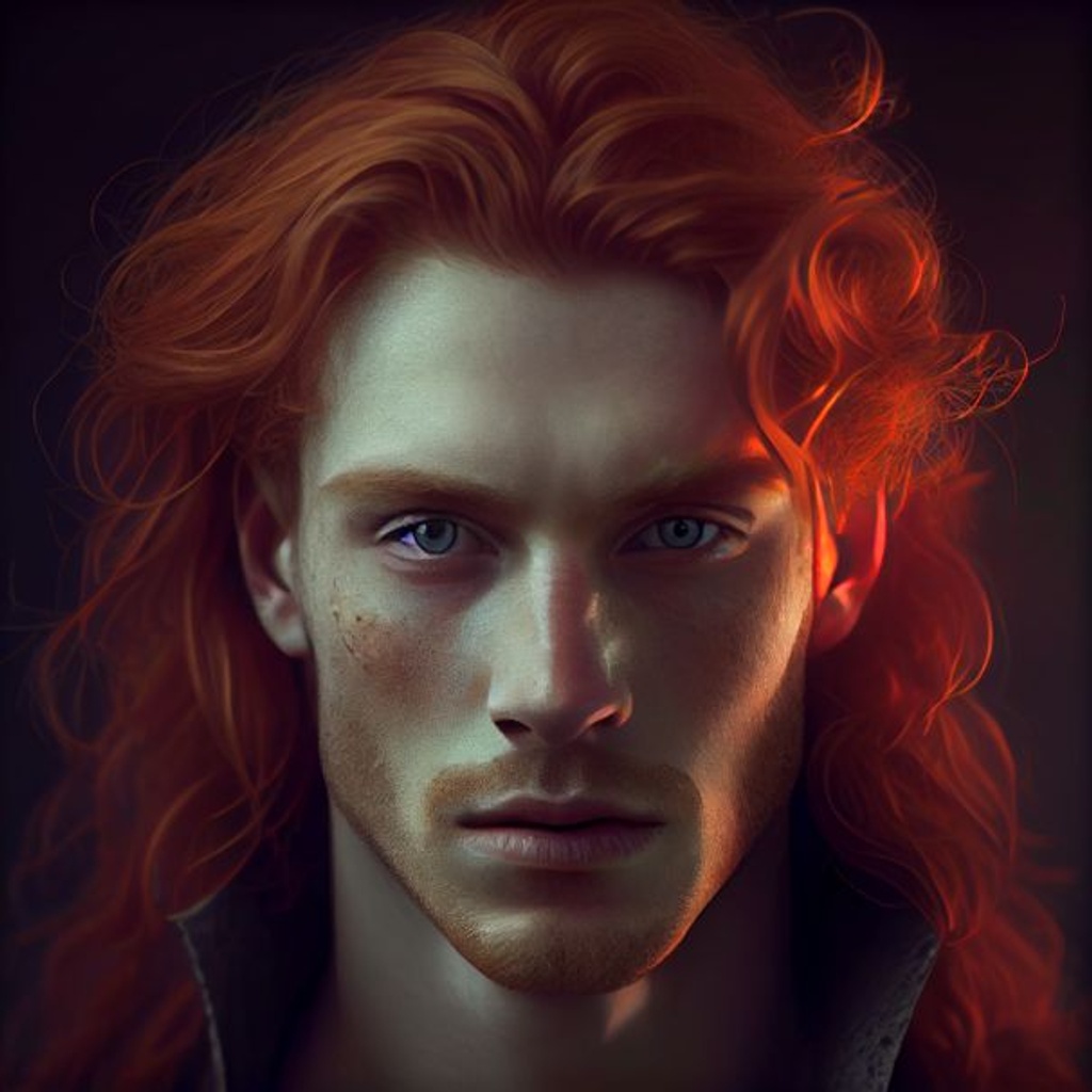 Prompt: ginger hair, male, a vampire with glowing golden eyes