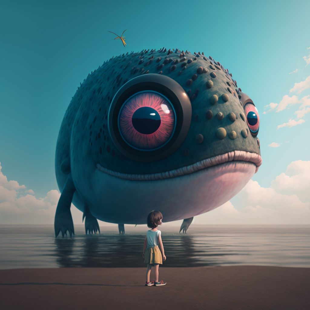 Prompt: a little girl standing in front of a giant fish, concept art, by Adam Marczyński, pop surrealism, giant eyeball, stalenhag, ladybug as a monster, recusion beeple