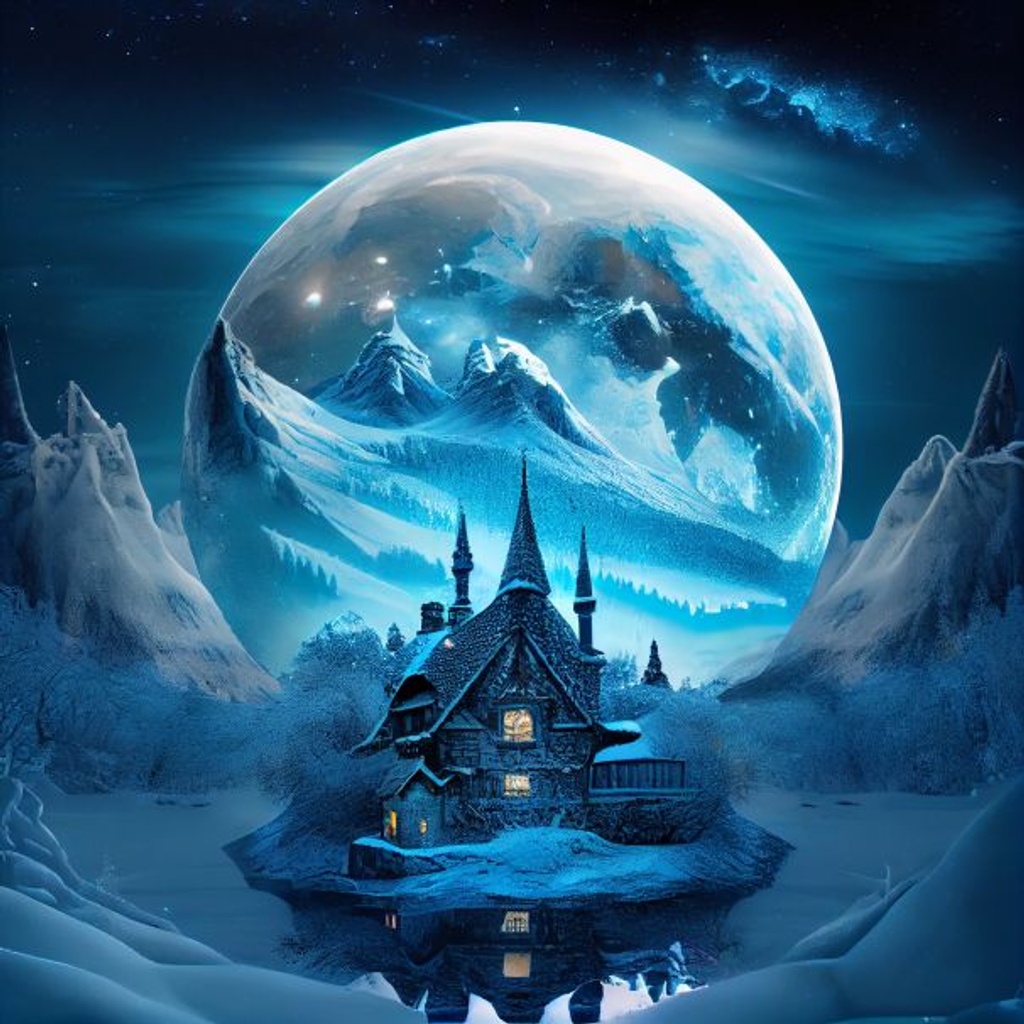 Prompt: blue fantasy village made of ice, frost, blizzard, forest, heavy snow, kremlin, northern lights, shooting stars, large snow capped mountains, realistic, full moon
