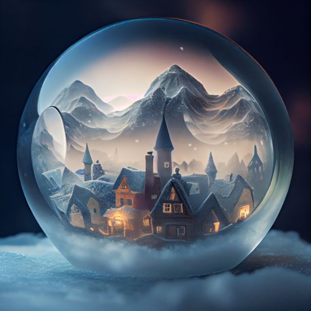 Prompt: old german village made of ice inside a snowglobe, frost, snow, mist, mountians, beautiful