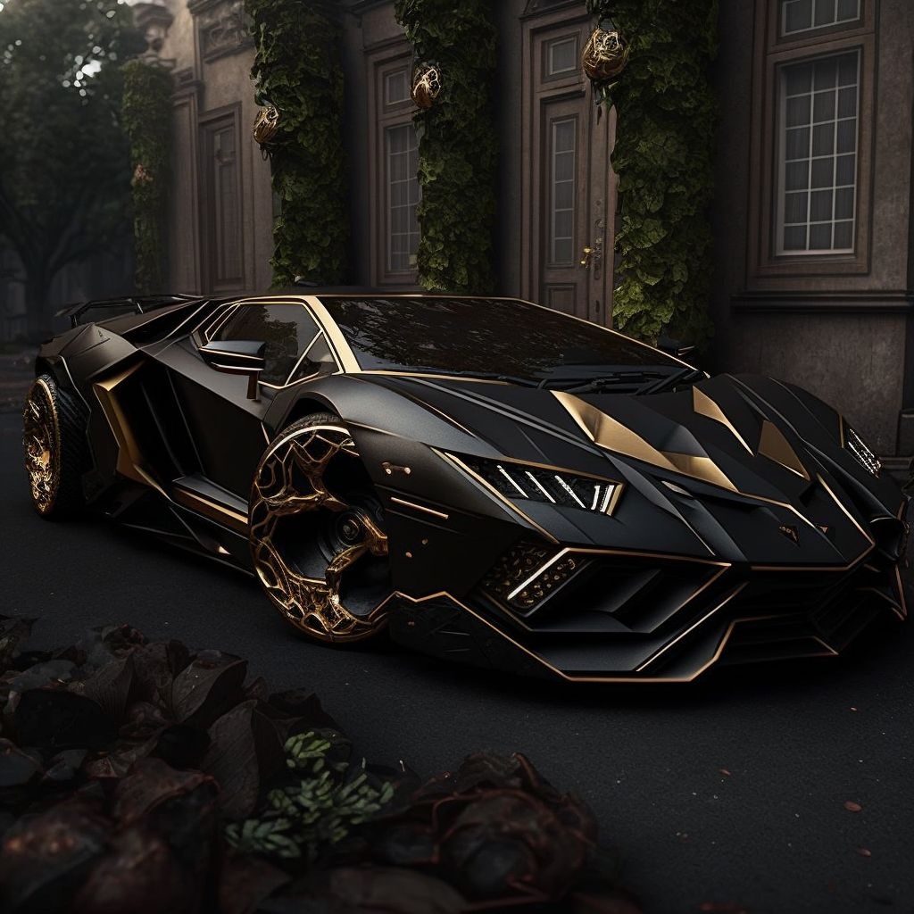 Prompt: vanta black car with gold windows