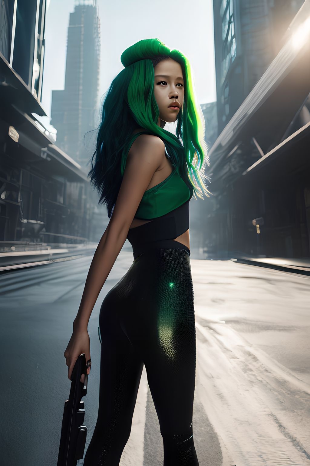 Prompt: jenna ortega with green hair pose in a futuristic city street, light shattering, raytracing, octane max detail