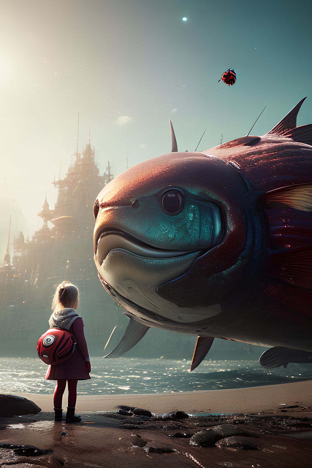 Prompt: a little girl standing in front of a giant fish, concept art, by Adam Marczyński, pop surrealism, giant eyeball, stalenhag, ladybug as a monster, recusion beeple